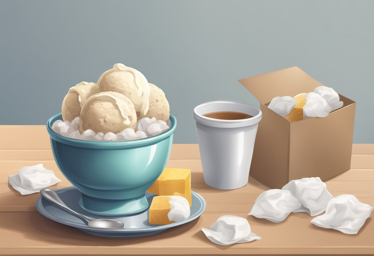 A bowl of soothing ice cream sits on a table next to a box of tissues and a cup of tea, offering relief for a sore throat