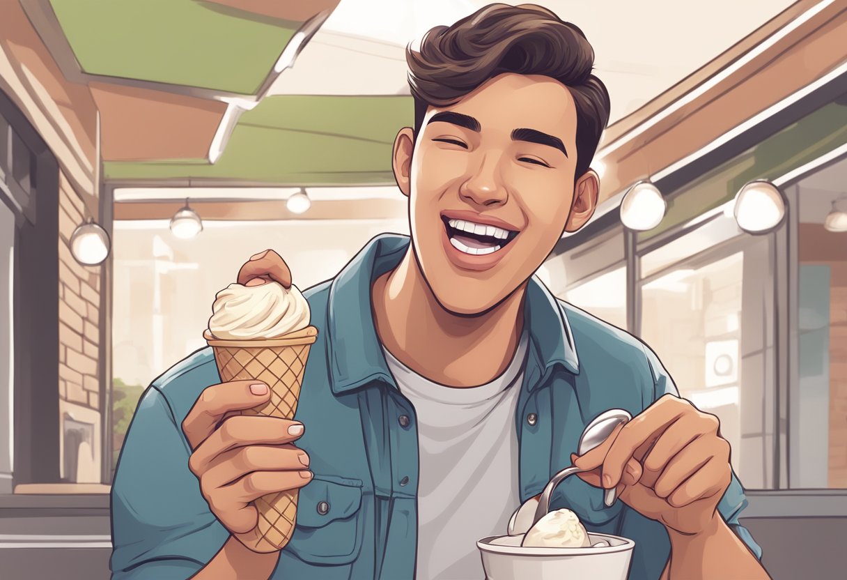 A person holding a spoon, about to take a bite of ice cream, with a soothing and comforting expression on their face
