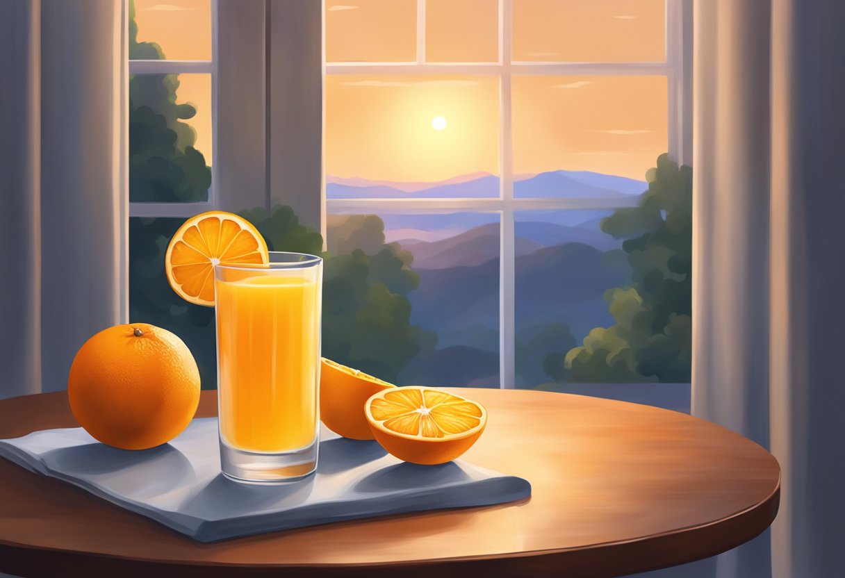 A glass of orange juice sits on a table with a soothing glow around it. A warm, comforting atmosphere surrounds the scene