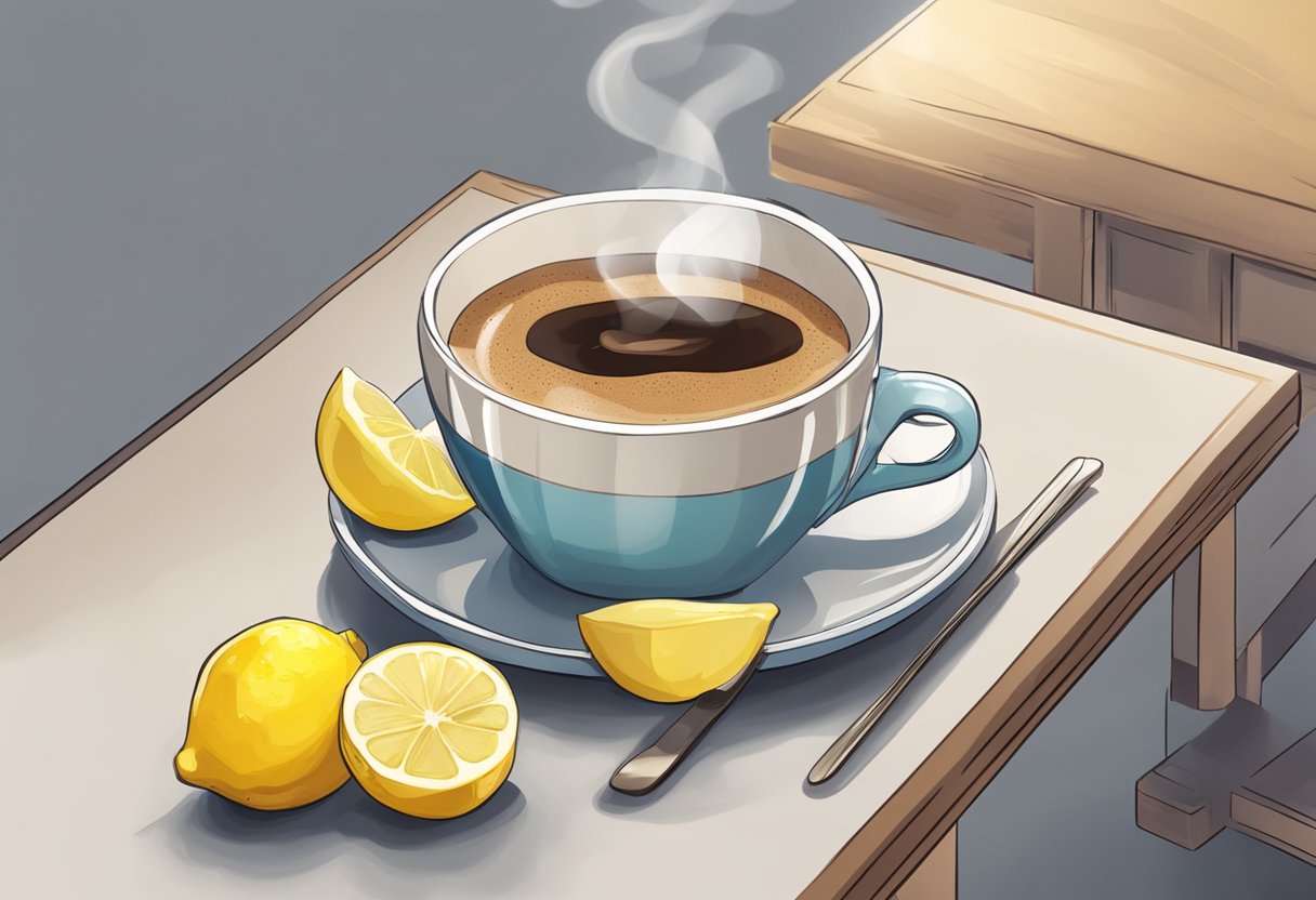 A steaming cup of coffee sits on a table with a lemon and honey nearby