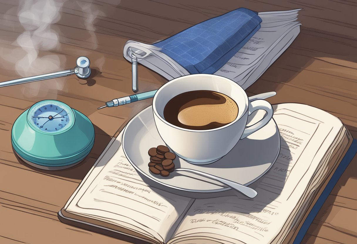 A steaming cup of coffee sits next to a throat lozenge and a thermometer on a table. The words "Understanding Sore Throats" are written on a book in the background