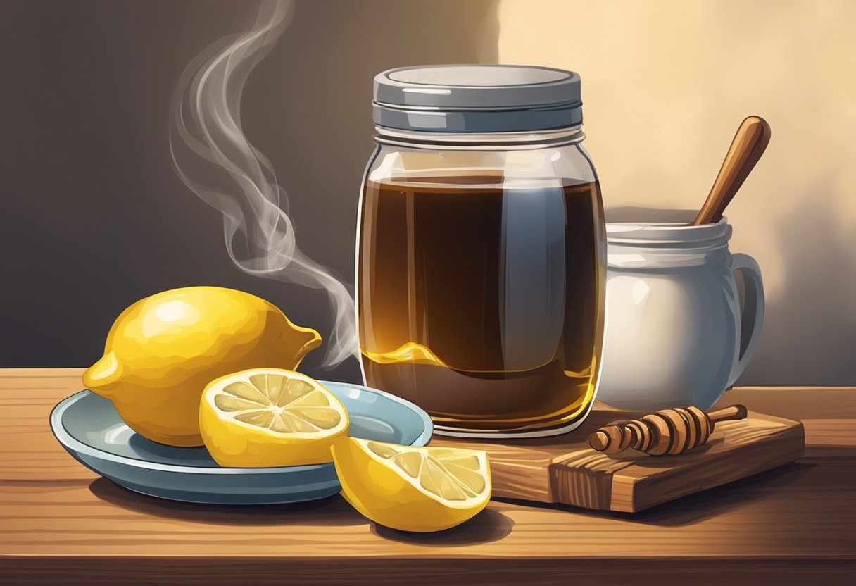 A steaming cup of coffee sits next to a jar of honey and a lemon, all on a wooden table. A soothing, warm atmosphere is suggested