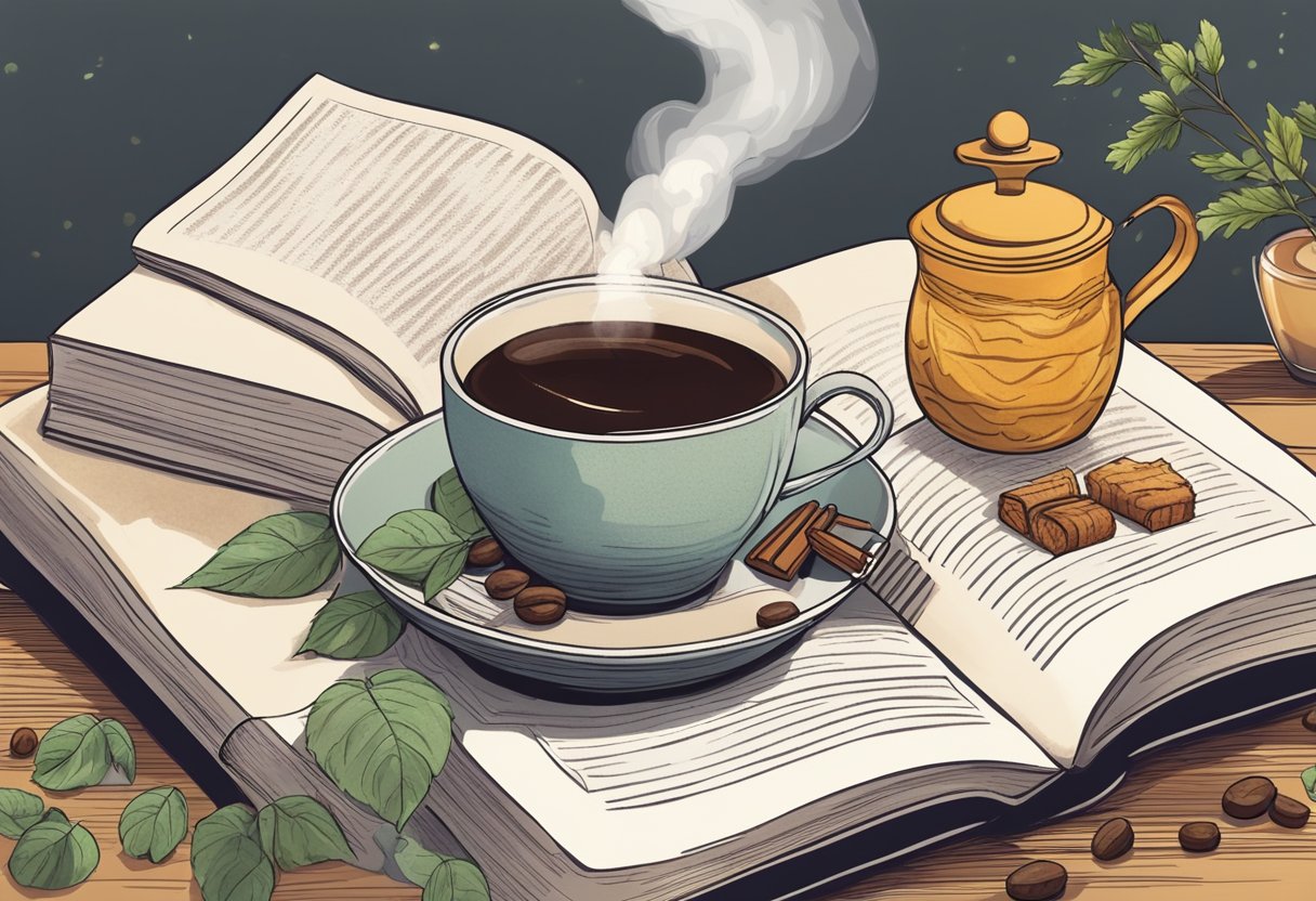 A steaming cup of coffee surrounded by soothing herbal teas and honey, with a comforting blanket and a book in the background