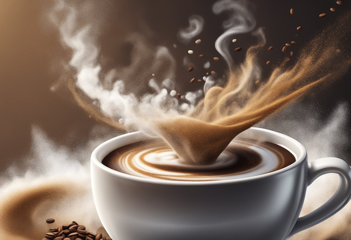 A steaming cup of coffee spills onto a pile of sugar, creating a swirling mix of brown and white. A burst of energy emanates from the collision