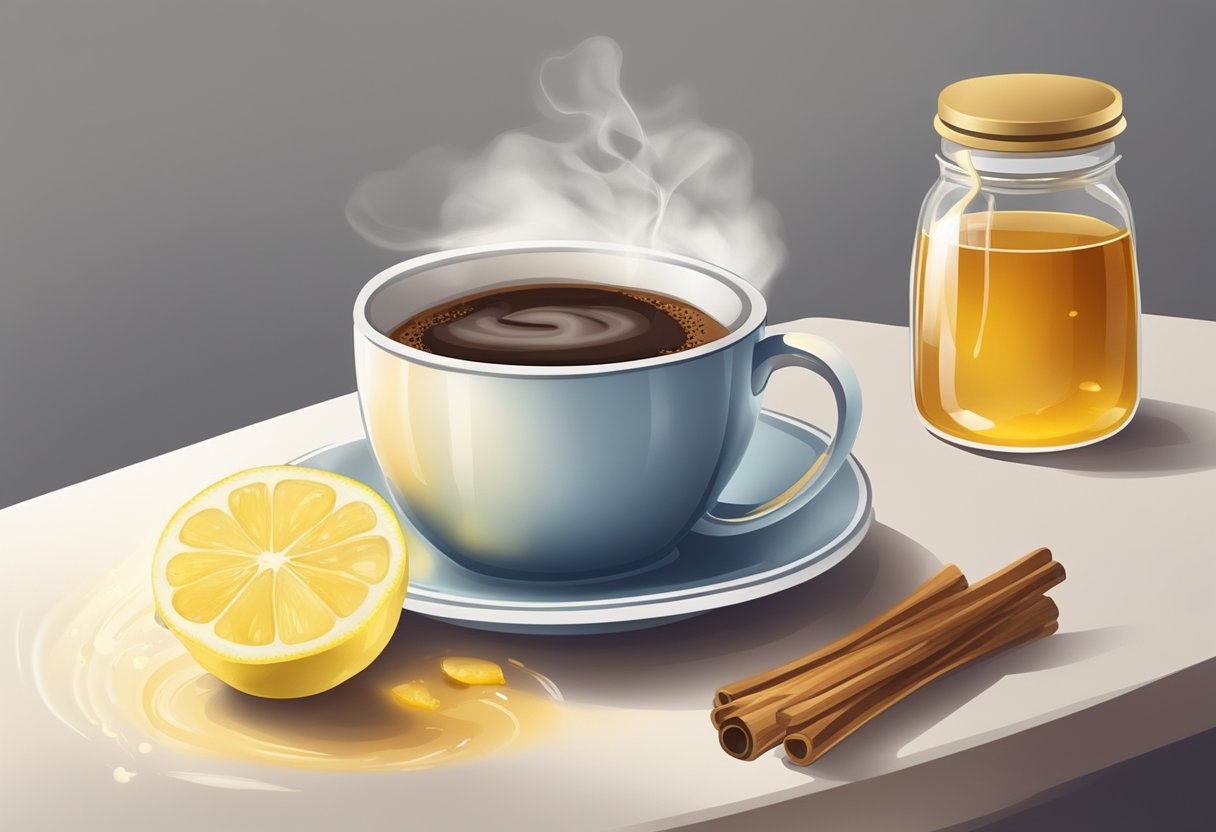 A steaming cup of coffee sits on a table next to a bottle of honey and a lemon, with a soothing steam rising from the mug