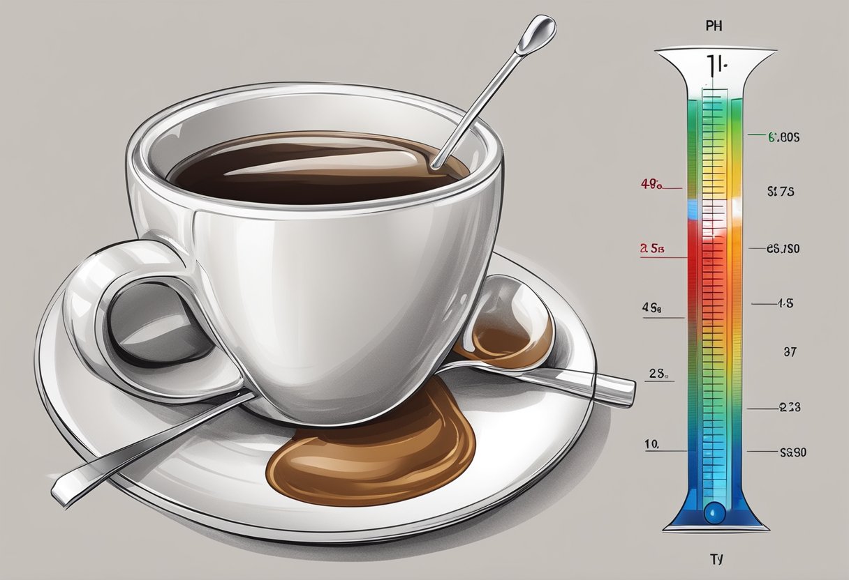A cup of coffee with a pH scale and a throat with a red, sore appearance