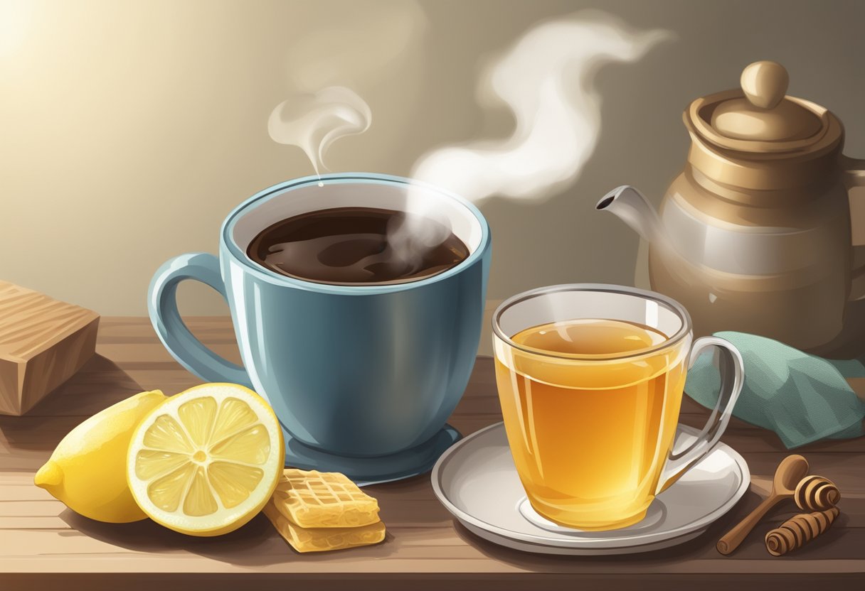 A steaming cup of coffee sits next to a jar of honey and a lemon, with a soothing tea bag nearby