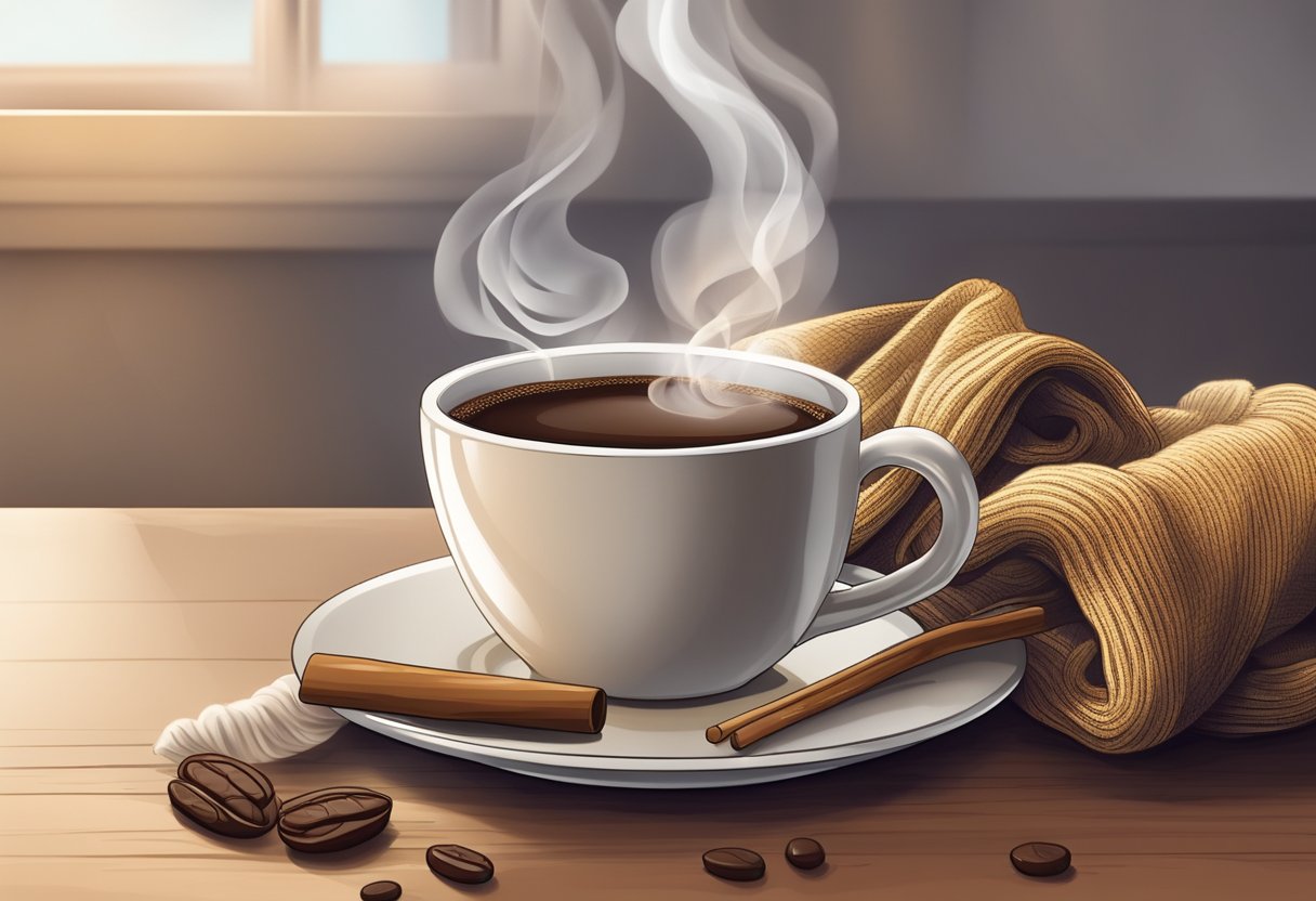 A steaming cup of coffee sits on a table next to a soothing throat lozenge and a warm scarf