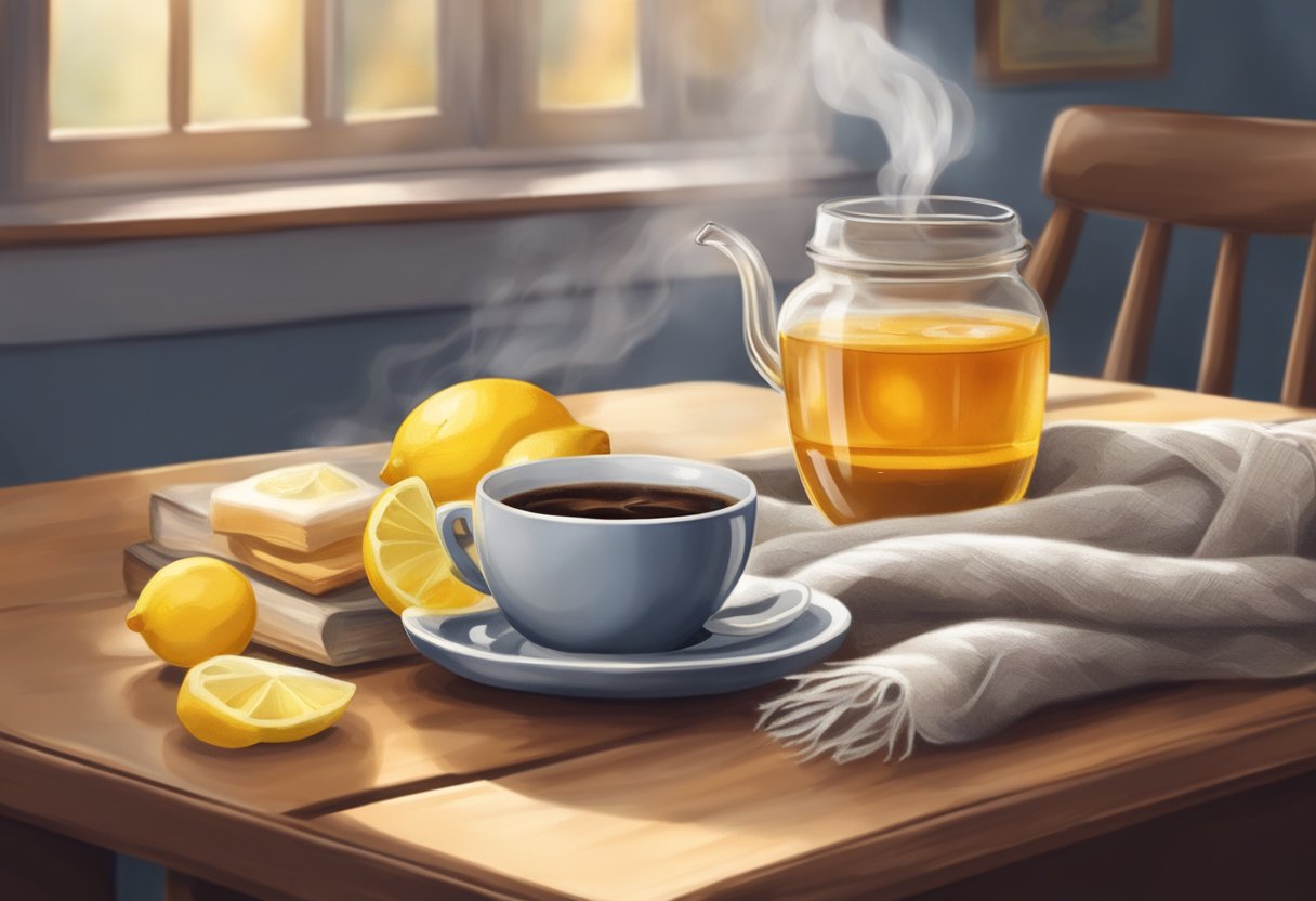 A steaming cup of coffee sits on a cozy table, surrounded by soothing honey and lemon. A soft scarf is draped nearby, hinting at comfort and warmth