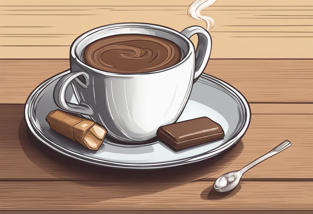 A steaming cup of hot chocolate sits on a table next to a soothing throat lozenge