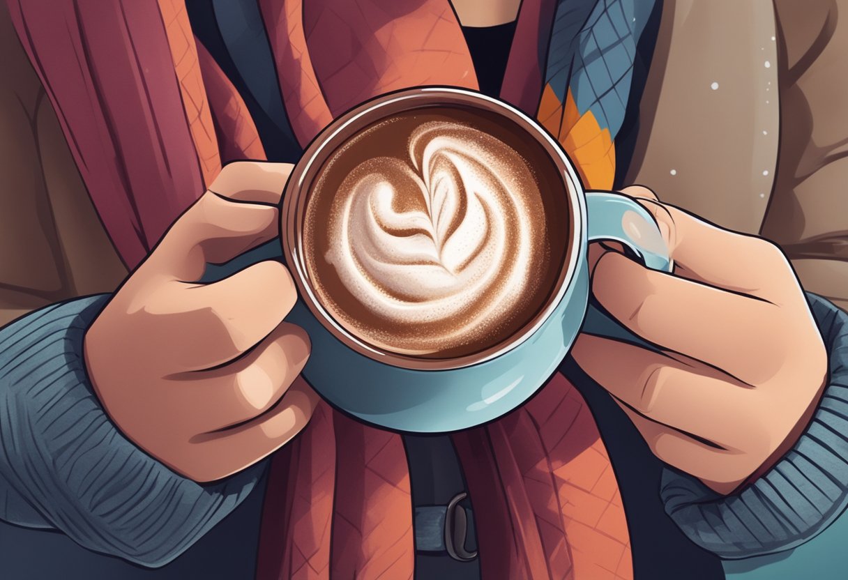 A person holding a cup of hot chocolate with steam rising, surrounded by soothing throat lozenges and a warm scarf
