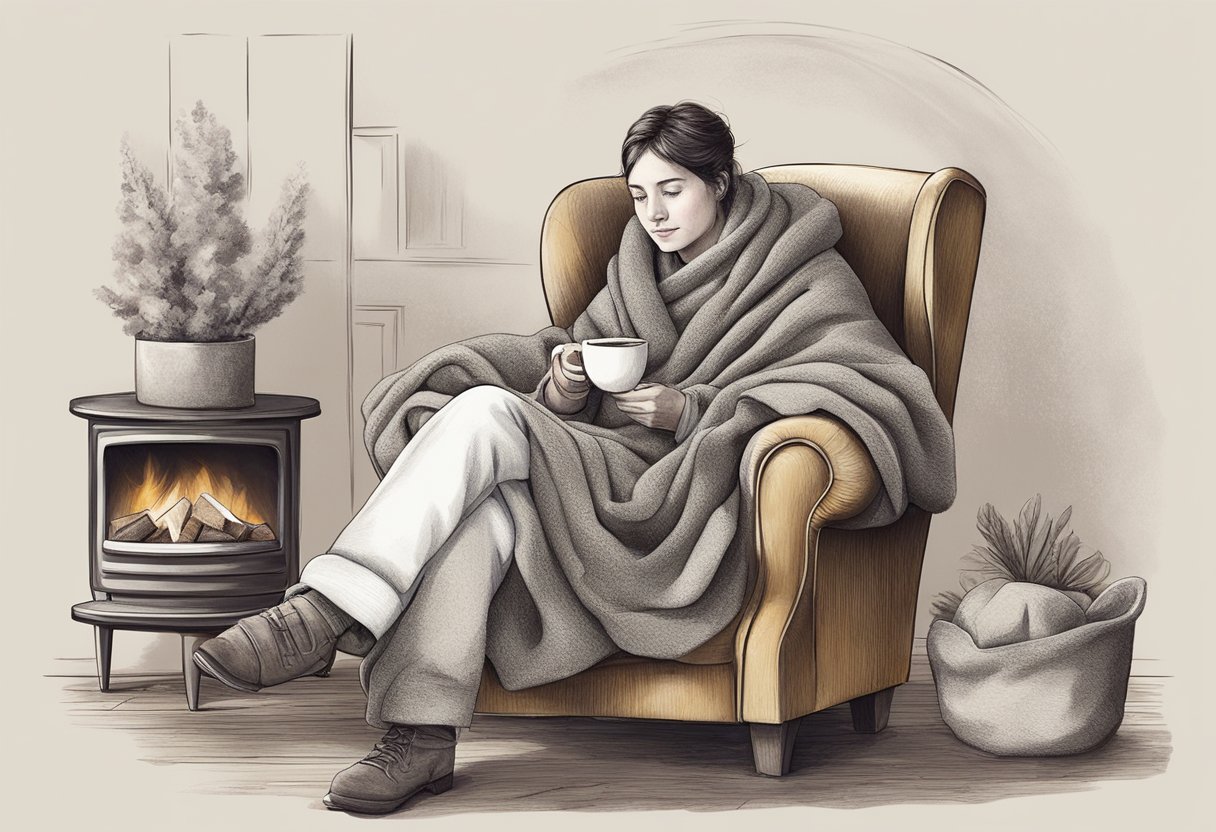 A person holding a steaming cup of hot chocolate, with a comforting blanket draped over their shoulders, sitting in a cozy armchair by a crackling fire