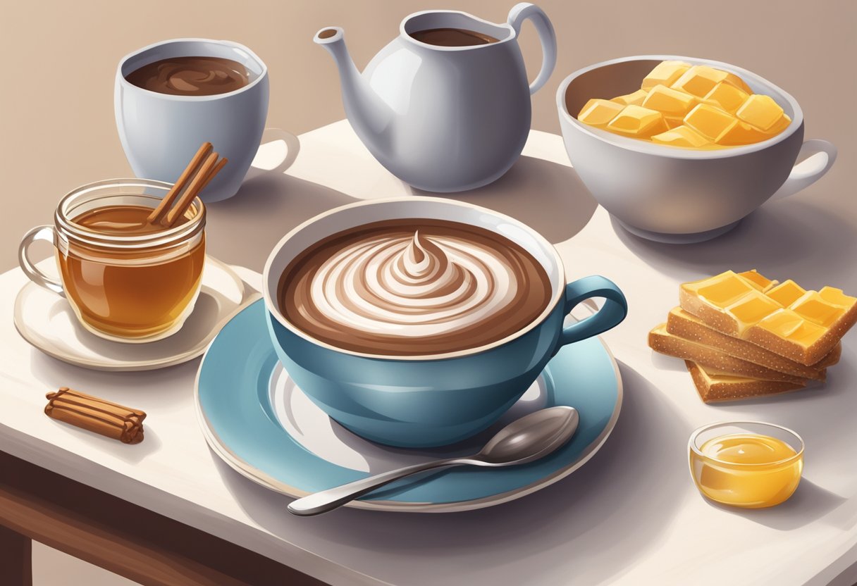 A mug of hot chocolate sits on a table next to a bowl of soothing honey and a pile of soft, easy-to-swallow foods
