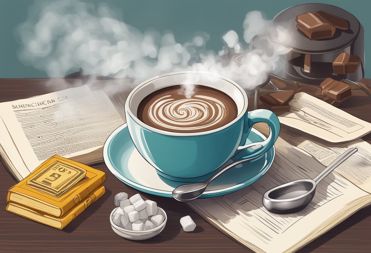 A steaming cup of hot chocolate sits next to a cough drop on a table, surrounded by scientific articles and a microscope