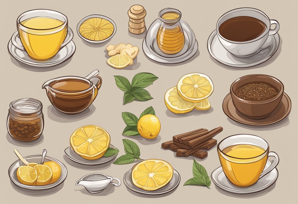 A variety of soothing options surround a sore throat: herbal tea, honey, lemon, and ginger. Chocolate is absent from the scene