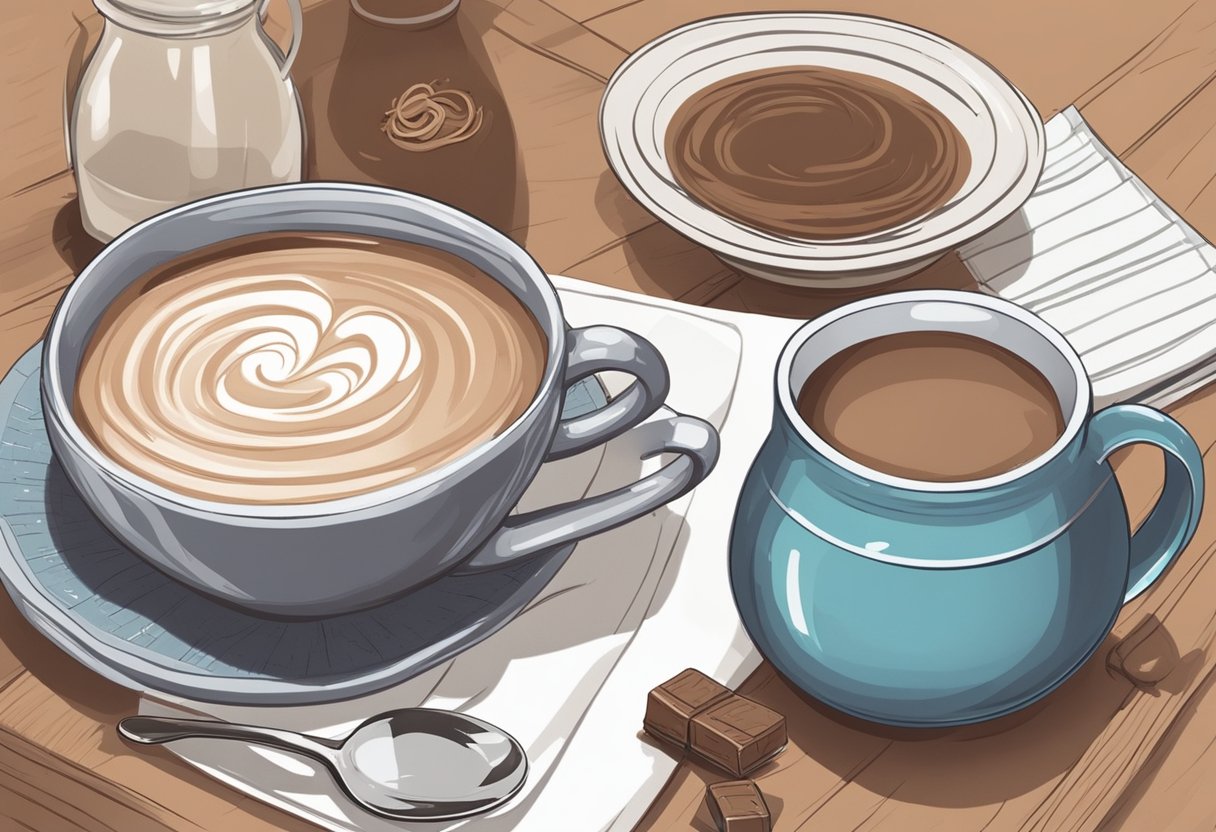 A soothing cup of hot chocolate sits on a table next to a bottle of sore throat medicine and a steaming bowl of soup