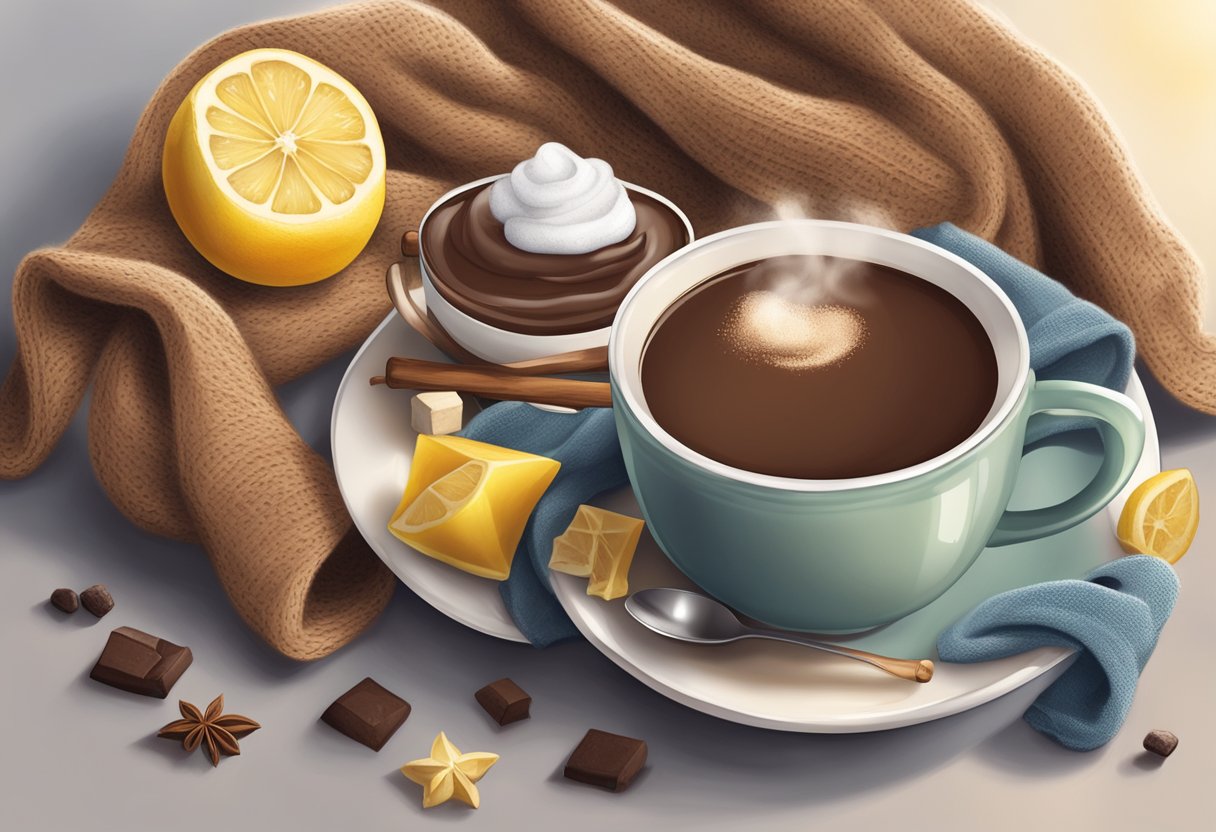 A steaming cup of hot chocolate with added soothing ingredients like honey and lemon, surrounded by comforting items like a warm scarf and a cozy blanket