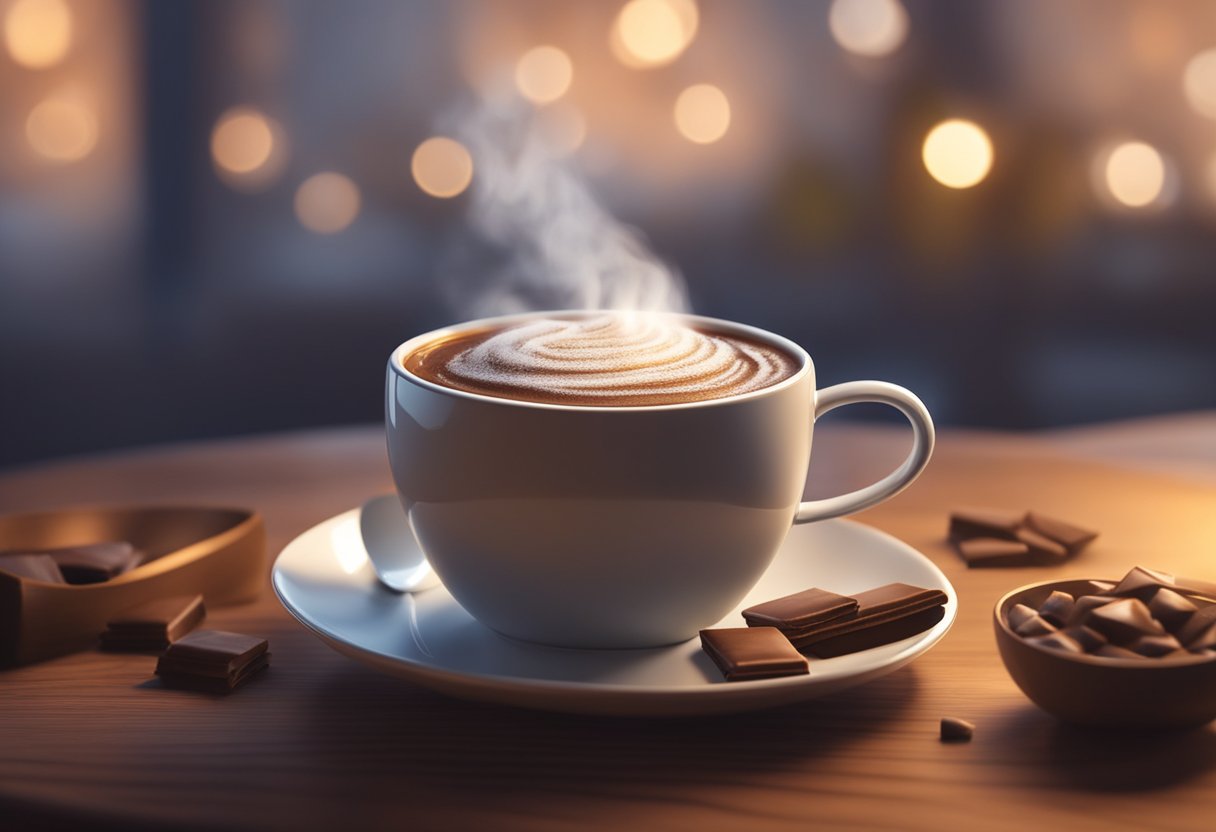 A cup of hot chocolate sits on a cozy table, steam rising from the mug. A soothing atmosphere with warm lighting and a comfortable setting