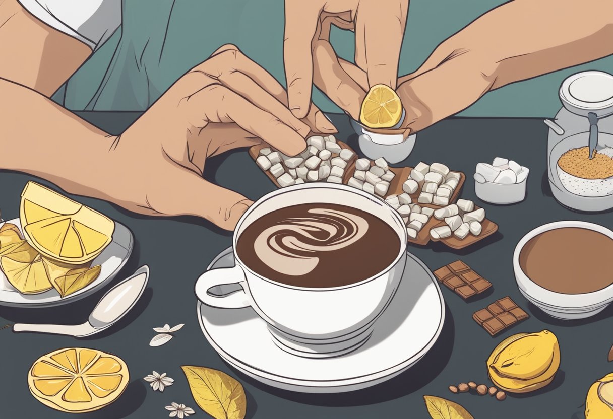 A person holding a cup of hot chocolate, surrounded by various sore throat remedies like honey, lemon, and herbal tea