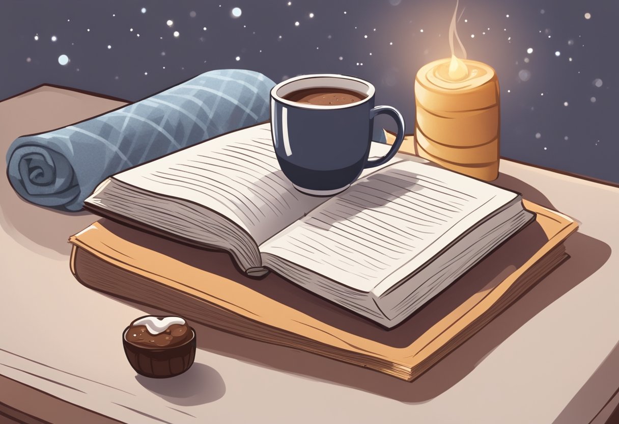 A steaming cup of hot chocolate sits on a table next to a soothing throat lozenge, surrounded by a cozy blanket and a book
