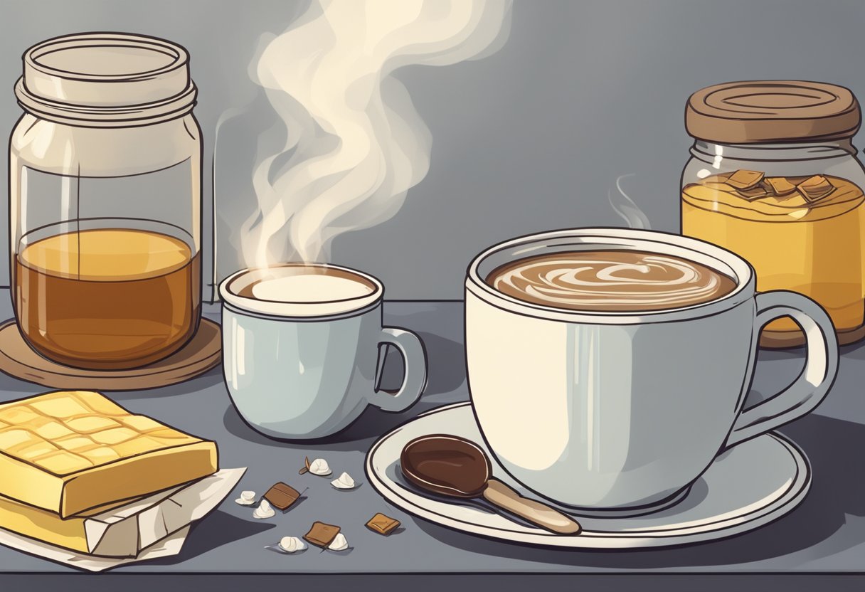 A steaming mug of hot chocolate sits on a table, surrounded by soothing tea bags and a jar of honey. A thermometer rests nearby, indicating a slight fever
