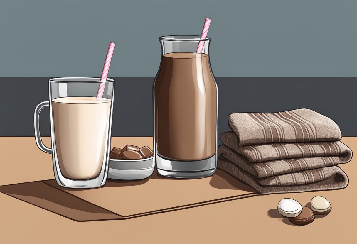 A glass of chocolate milk sits on a table next to a soothing throat lozenge and a warm scarf