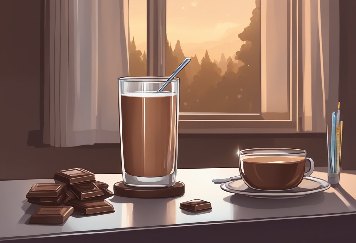 A glass of chocolate milk sits on a table next to a throat lozenge and a thermometer. The room is dimly lit, creating a cozy and comforting atmosphere