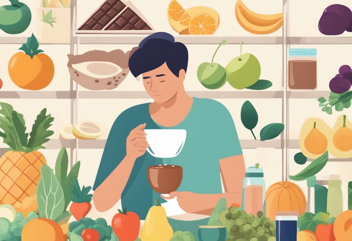 A person holding a glass of chocolate milk with a soothing effect on a sore throat, surrounded by healthy food options like fruits and vegetables