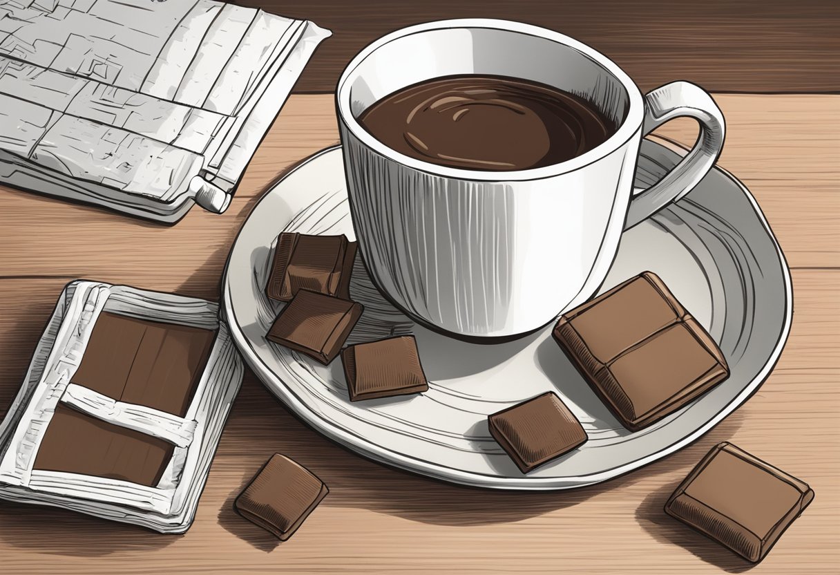 A steaming mug of hot chocolate sits on a table next to a bottle of throat lozenges