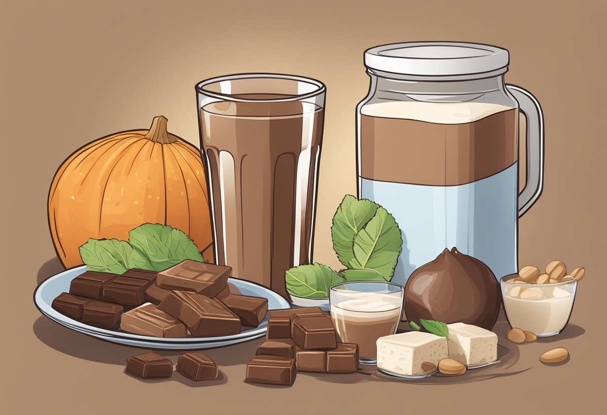 A glass of chocolate milk sits on a table, surrounded by a variety of healthy food items. A nutritional label is visible, showing the benefits of the milk for a sore throat