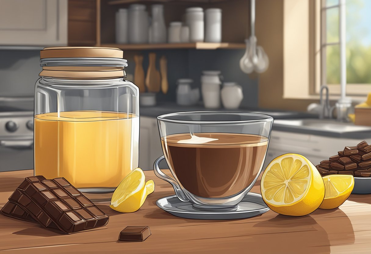 A glass of chocolate milk sits on a kitchen counter, surrounded by honey, lemon, and ginger. A warm, comforting glow emanates from the glass, suggesting relief for a sore throat