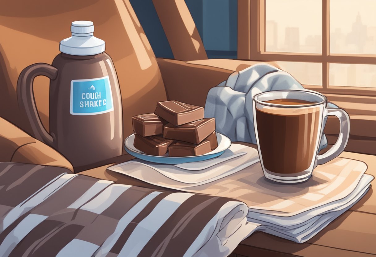 A steaming mug of chocolate milk sits on a table next to a box of tissues and a bottle of cough syrup, with a cozy blanket draped over the chair