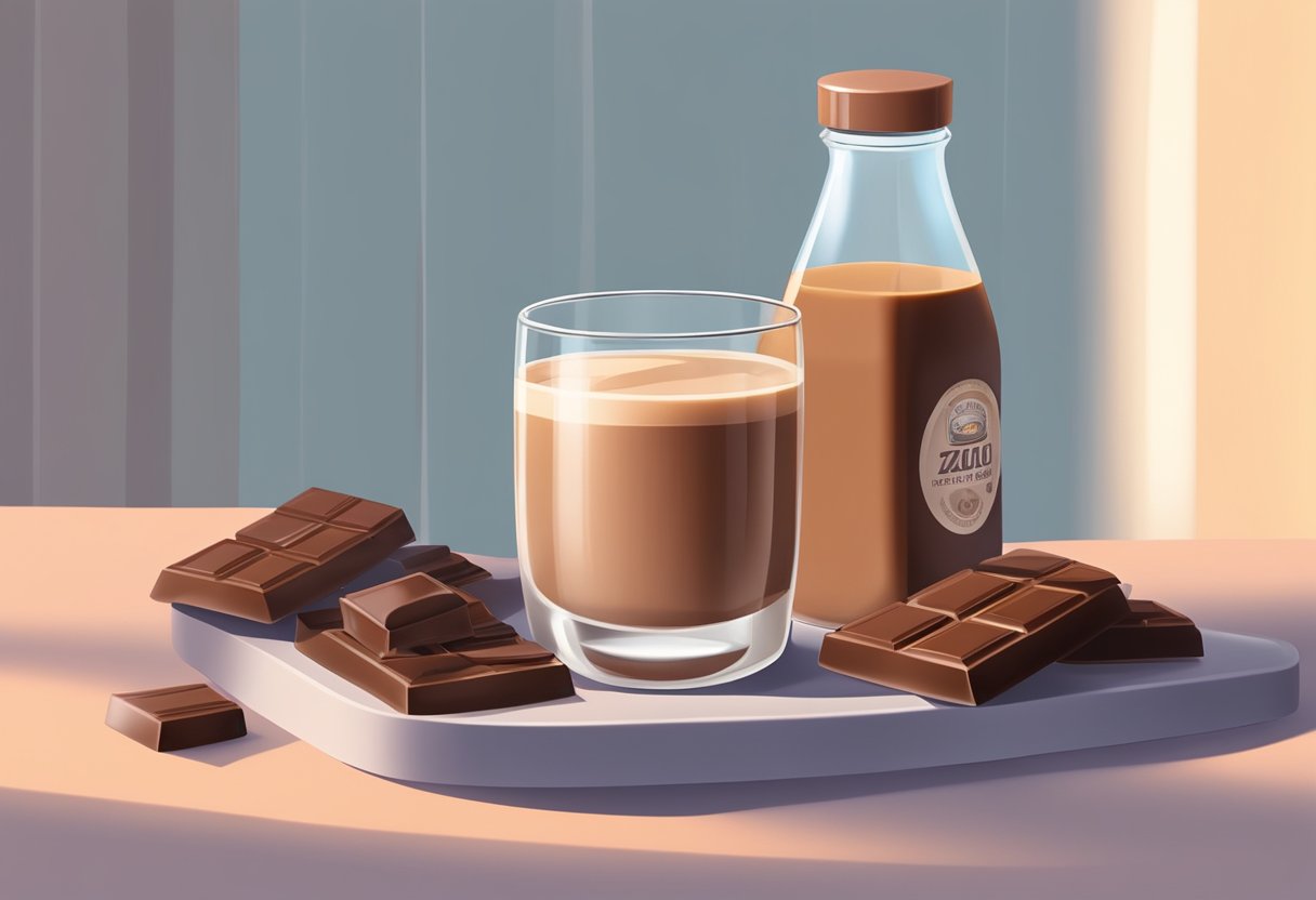 A glass of chocolate milk sits next to a bottle of throat lozenges, with a soothing, warm glow emanating from the drink