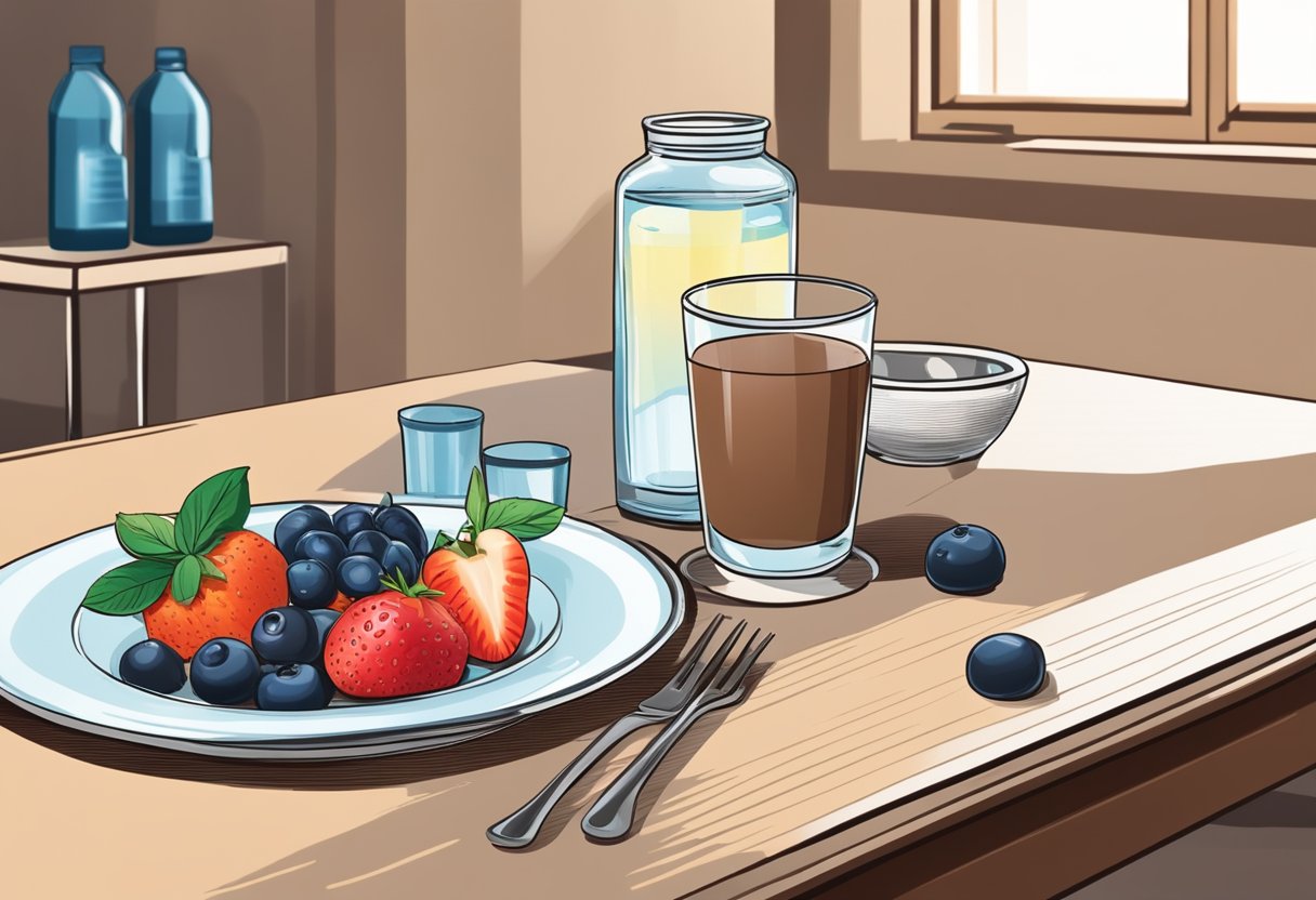 A glass of chocolate milk sits on a table with a bottle of water and a bowl of fresh fruit, emphasizing the importance of hydration and health for a sore throat