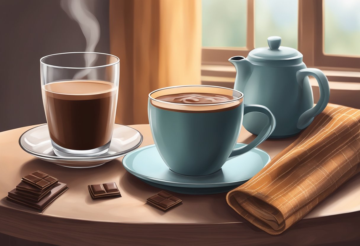 A glass of chocolate milk sits on a cozy table with a warm blanket, a book, and a steaming mug of tea