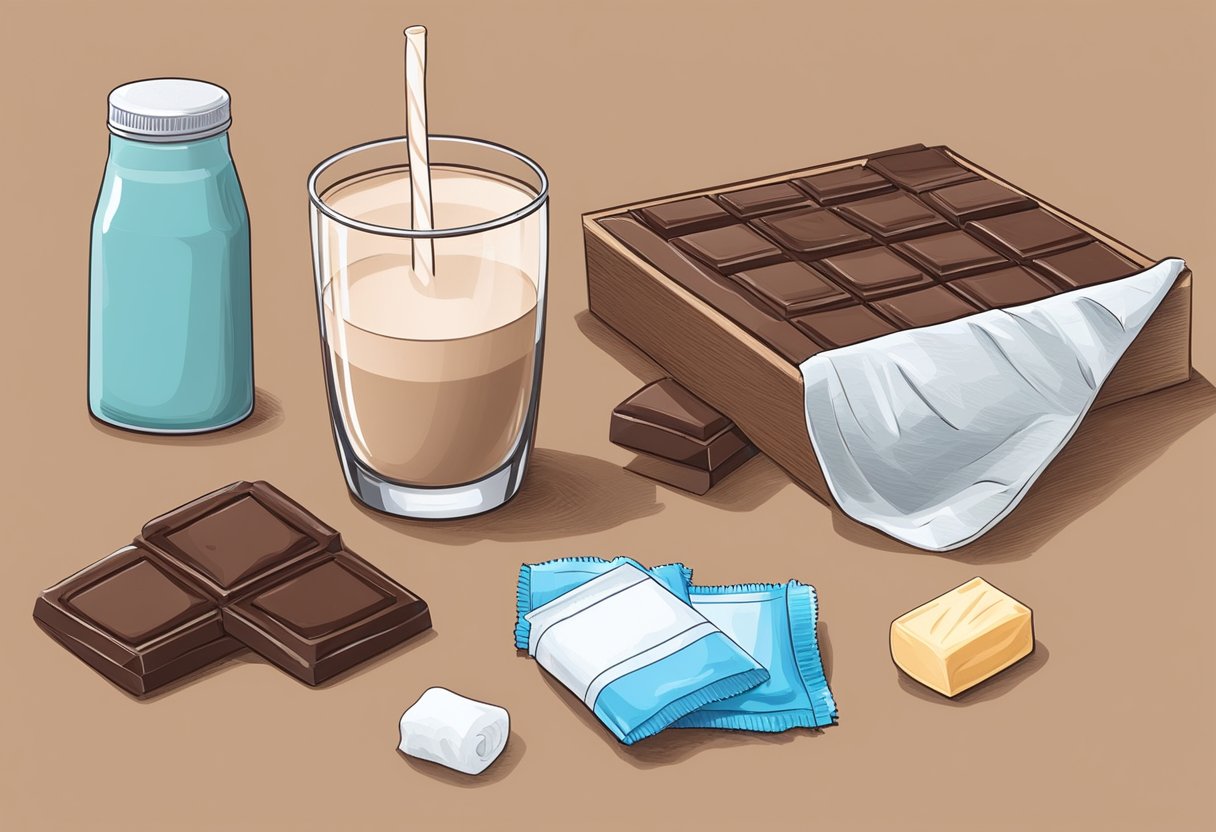 A glass of chocolate milk sits on a table next to a box of tissues and a soothing throat lozenge